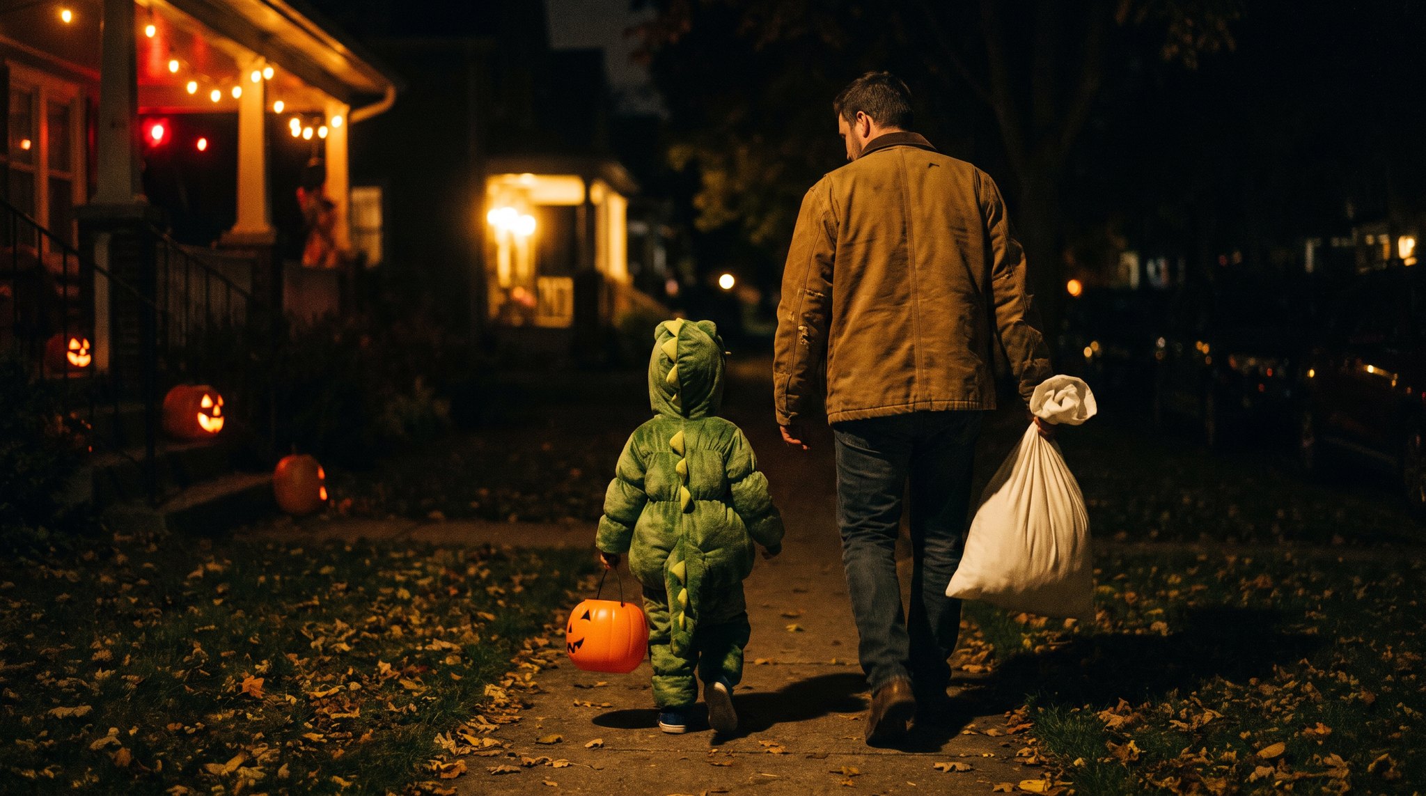 A man carrying a full white pillowcase over his shoulder walks a dark sidewalk beside a small dinosaur holding a plastic pumpkin, porch lights and jack-o'-lanterns ahead.