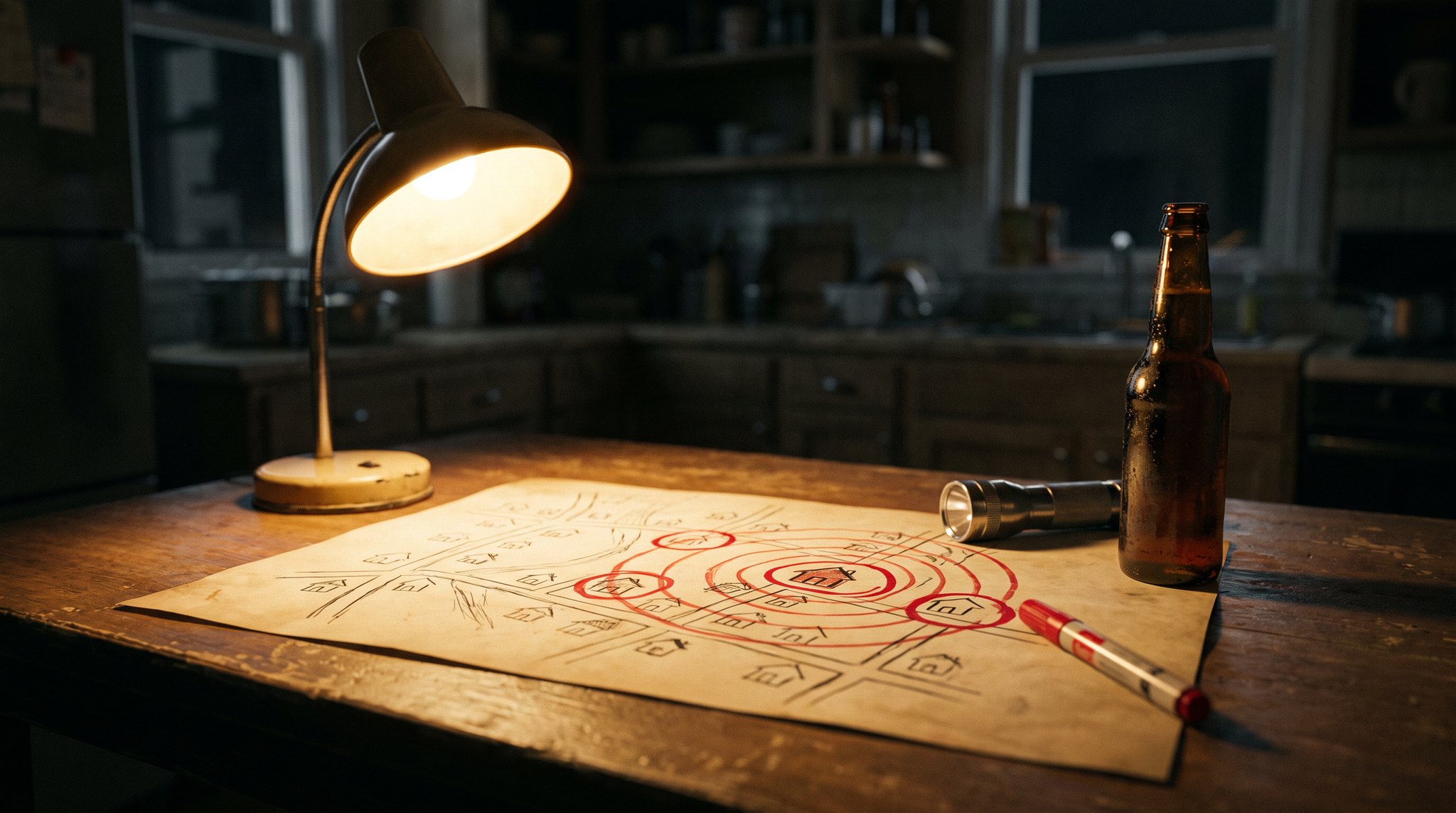 A hand-drawn neighborhood map on a kitchen table under a desk lamp, houses circled in red marker with rings drawn out from the first one, a flashlight and a beer beside it.