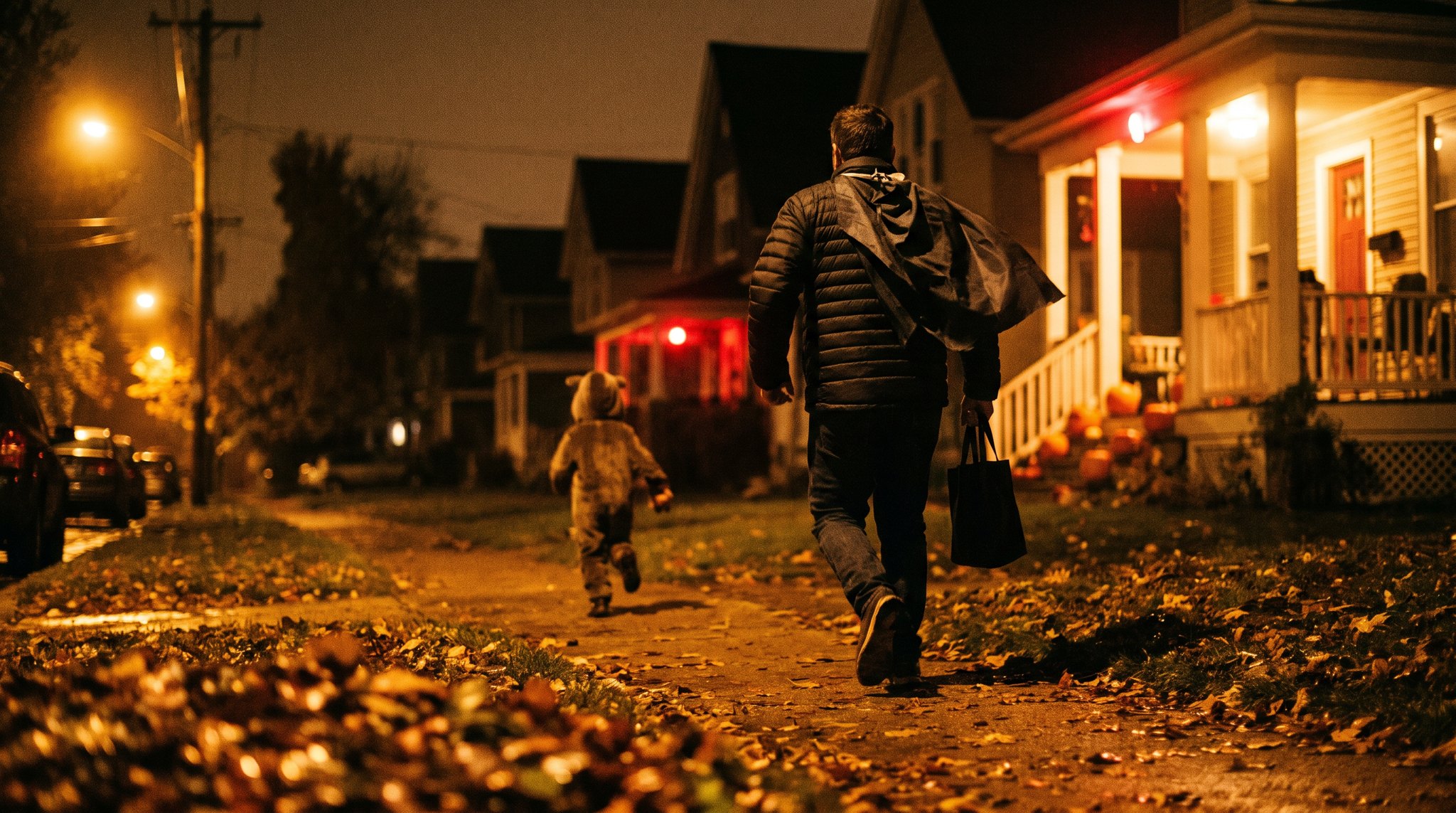 A man in a puffy jacket with a cheap cape tied over it jogs down a leaf-covered sidewalk after a small costumed kid running toward a lit porch.