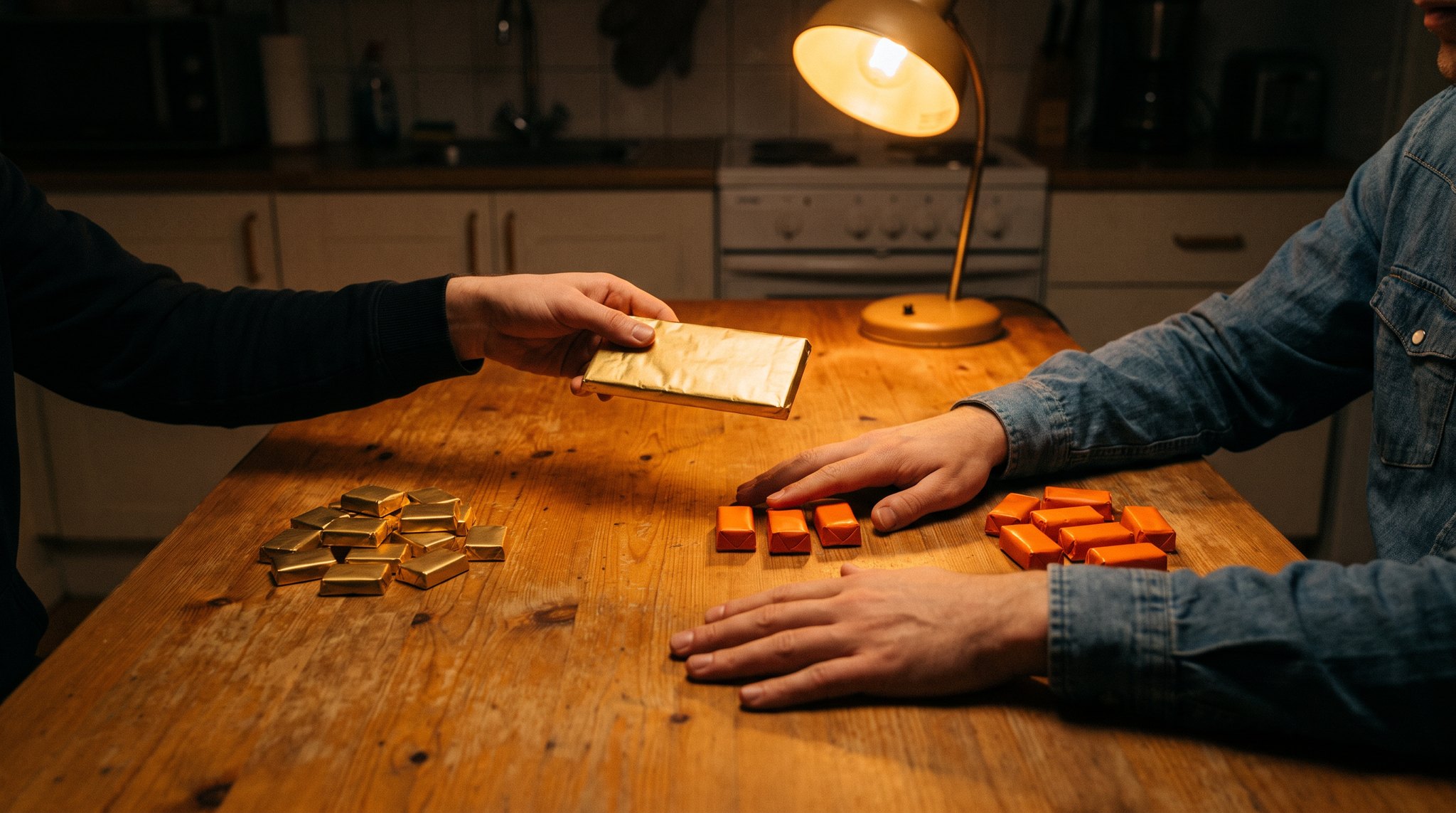 A trade at the kitchen table: one hand holds out a full-size bar in gold foil, the other pushes three small orange-wrapped candies back, and a referee's hand lies flat on the wood between them.