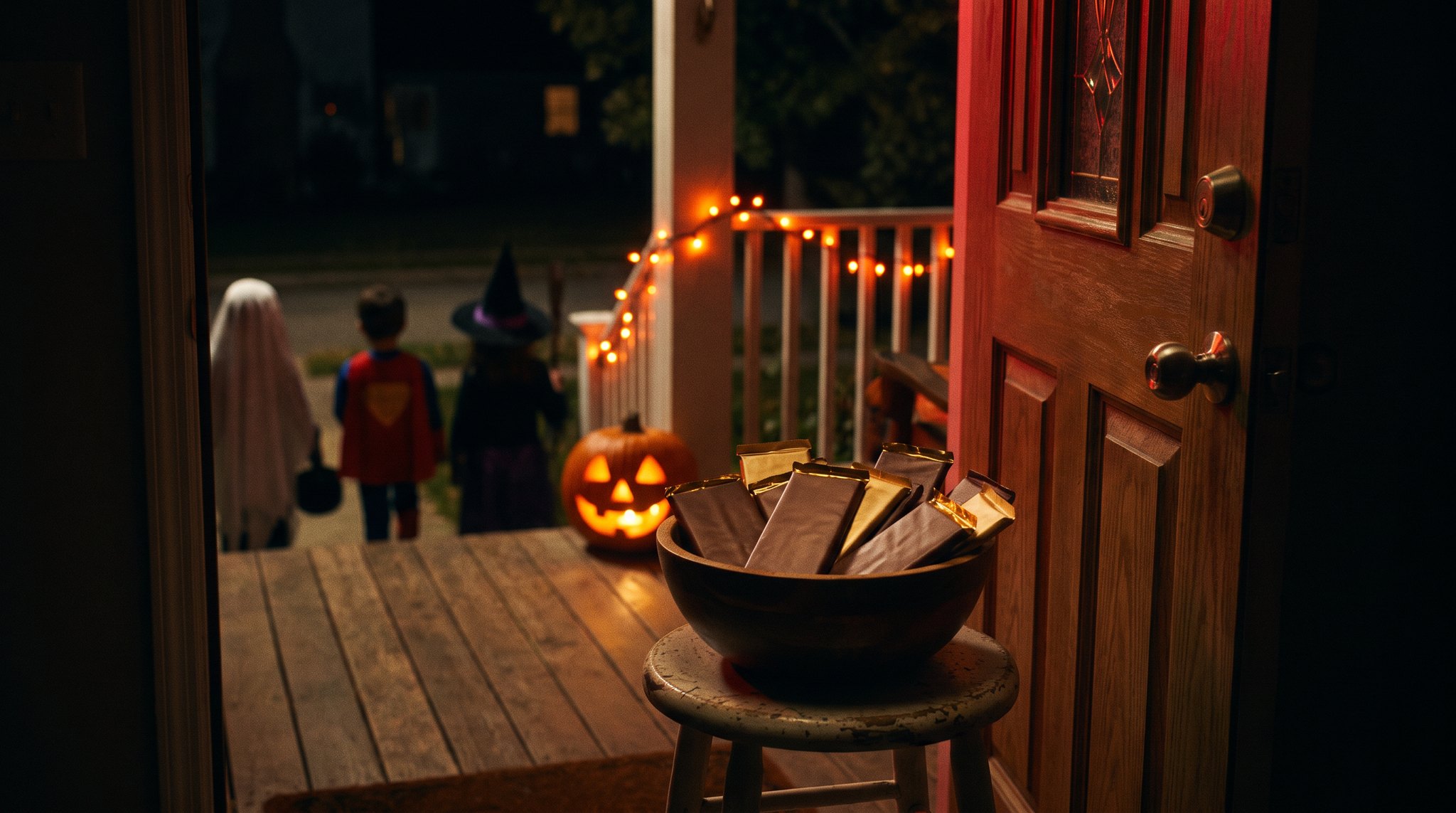 From the open front door: a wooden bowl of full-size bars in plain foil on a stool, a glowing pumpkin, orange lights on the railing, and three trick-or-treaters on the steps seen from behind.